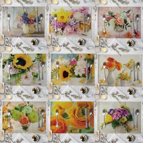Flower Pattern Placemat Dining Table Mat Drink Coaster Cotton Linen Rose Sunflower Pads Bowl Cup Mats Kitchen Accessories