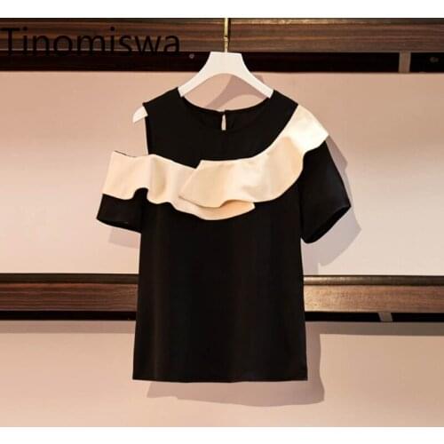 Tinomiswa Plus Size 3XL T Shirts Women Ruffle Patchwork Contast Color O Neck Short Sleeve Tshirts Casual Loose New Chic Tops