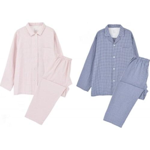 Spring Autumn Homewear Lovers Casual Plaid Pajama sets 100% Cotton Sleepwear suit Long Sleeve Turn-down collar shirt & Pants