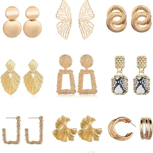Vintage Earrings for Women Gold Color ZA Geometric Statement Earring Big Metal Drop Earing Hanging Fashion Party Jewelry