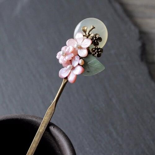 New Design Natural Material Hairpins Pink Shell Flower Hair Stick Jewelry Handmade Saitama Inlay Hair Accessories For Girls