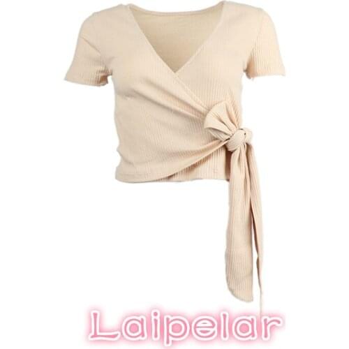 Korean fashion short sleeve v neck t-shirt Summer bow tie wrap t shirt women crop top Casual cotton ladies tops streetwear