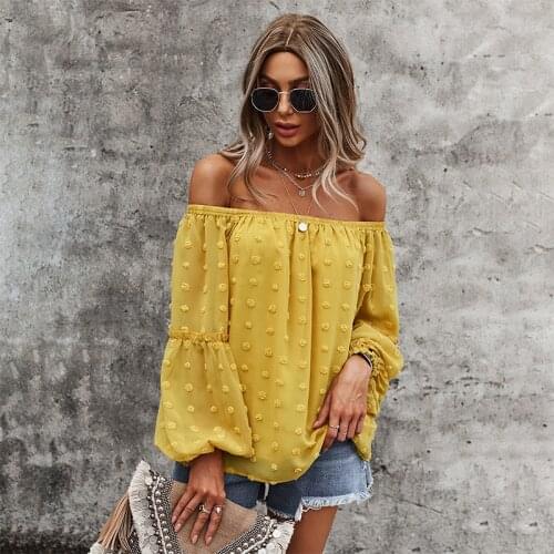 Women Summer Sexy Off Shoulder Solid Color Long Sleeve Shirt With Puffer Ball Elegant Cool Top Casual Loose WomenS Clothing