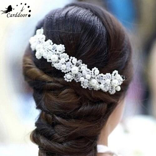 Carddoor Handmade Pearl Headbands Wedding Hair Accessories for Women Red White Crystal Tiaras Floral Elegant Bridal Hair Jewelry