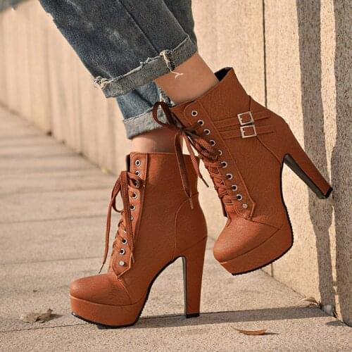 Plus Size Ankle Boots Women Platform High Heels Female Lace up Womens Shoes Buckle Woman Short Boot Ladies Footwear
