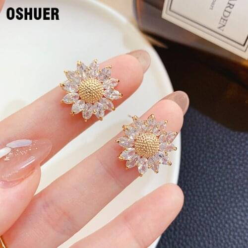 OSHUER Zircon Sun Flower Stud Earrings Cubic Zirconia Flowers Stud Earrings For Women