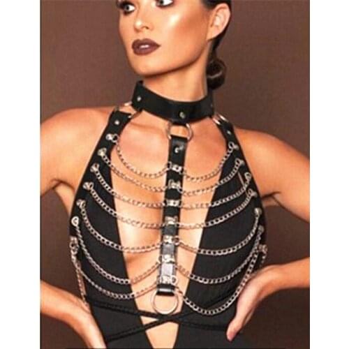 Goth leather body harness chain top chest body chain belt witch gothic steampunk metal girl festival Viking Jewelry accessories