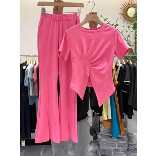 Womens short-sleeved casual suit 2021 summer new slim slimming T-shirt and split flared pants fashion 2-piece set