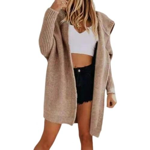 Solid Color Women Cardigan Batwing Sleeve Autumn Winter Hooded Open Front Knitted Sweater Outerwear
