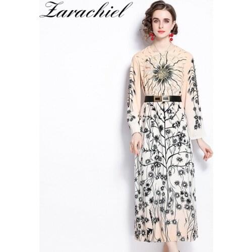 Fashion Sunflower Gradient Color Print Loose Maxi Dress 2021 Autumn Female Elegant Full Sleeve O Neck Sashes Swing Pinup Vestido