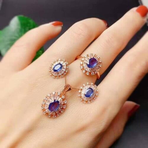 925 Silver Jewelry set Natural Sapphire Pendant Earring Ring sets Women Jewelry