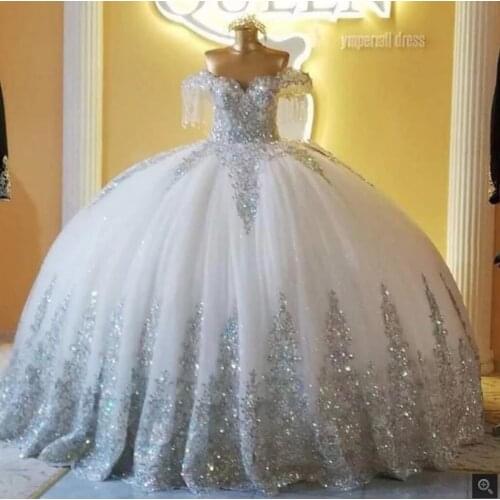 Sparkly crystal Ball Gown Quinceanera Dresses Off Shoulder Lace Tulle Applique tassel lace-up Brides Gown Long Robe de Mariage