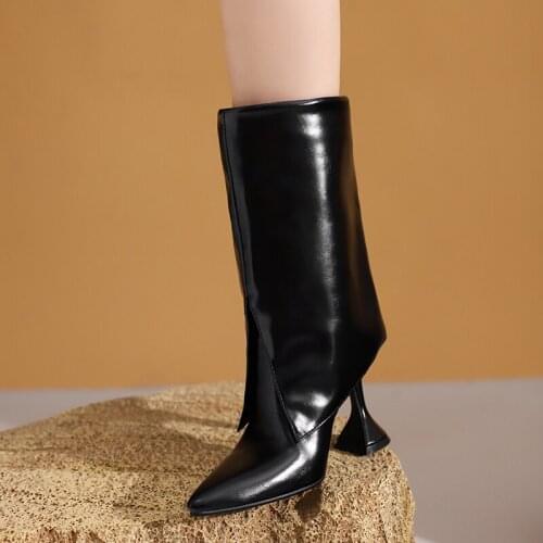 Pre-Show Split Pointed Knight Boots Super High Wine Glass Heel Set Sexy Mid-Tube Boots Large Size Turned-Over Edge Womens Boots
