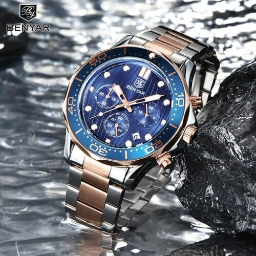 BENYAR Stainless Steel Quartz Mens Watches Top Brand Fashion Wrist Watch Men Waterproof Sports Chronograph Relogio Masculino