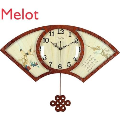 Chinese Style Wooden Clock Fan-Shaped Clock Wall Clock Mute Living Room Dining Room Quartz Clock Retro Creative Large Wall Clock