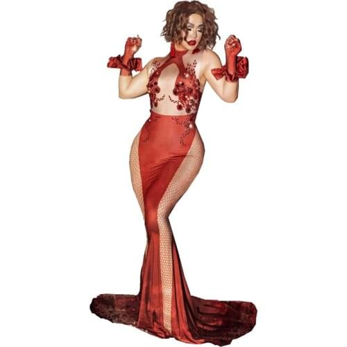 Fashion Red Sleeveless Long Dress Sparkly Crystal Rhinestone Bodycon Trailing Dress Birthday Celebration Party Outfit Stage Wear