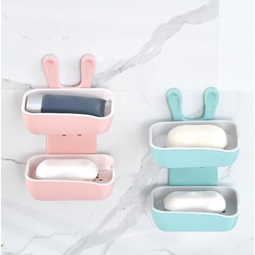 Bunny-Shaped Double-Layer Soap Box Creative Double Layers Soap Box Bathroom Soap Dish Sucker Holder Container With Buckle Design