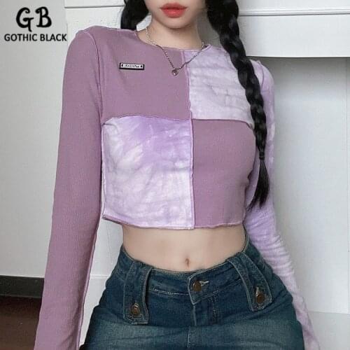 Gothblack T Shirt Tie Dye Hit Color Letter Small Logo Patchwork Basic Temperament Crop top Long Sleeve Bodycon Hot Gril Street