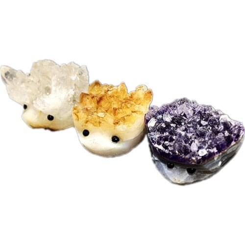 Beautiful gift hand carved reiki crystal quartz figurines animal amethyst sculpture hedgehog cluster
