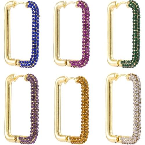 Creative Simple Design Hoop Earrings for Women Gold Color Crystal Paved Exquisite Geometric Rectangle Earring Fashion Jewelry