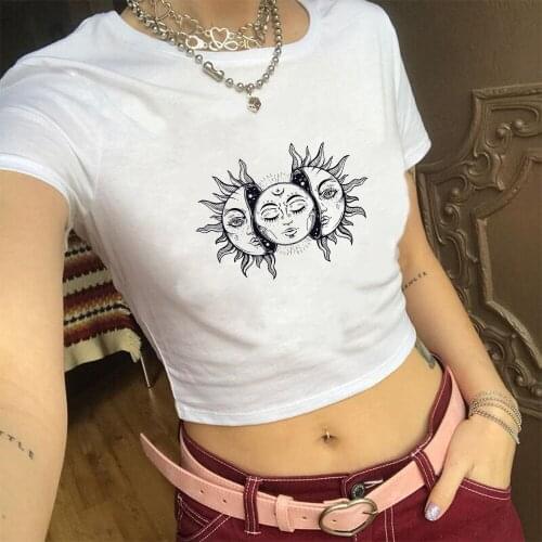 Crop Top Tshirt for Women Harajuku Womens Sun and Moon Oversize T-Shirt Vintage Fashion Aesthetic Grunge Tee Gothic Clothing