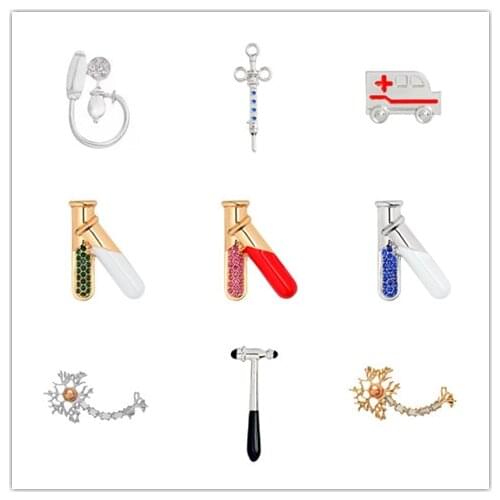 Metal Medical Pin Doctor Badge Test Tube Reflex Hammer Syringe Ambulance Blood Pressure Meter Neuron Caduceus Intestinal Brooch