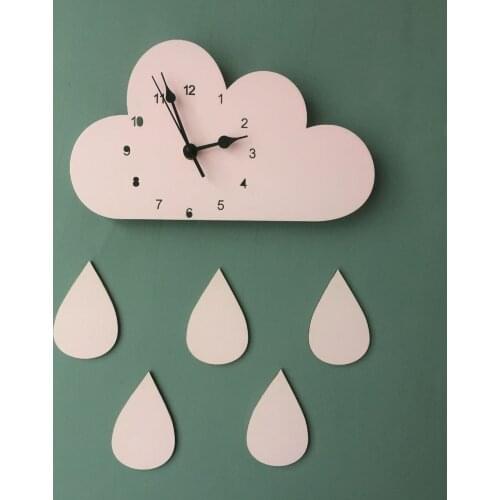 Cute Kids Room Nursery Decor Modern Interior Design Cartoon Wooden Cloud Raindrop Shaped Wall Clock Geometric Silent Clock Art