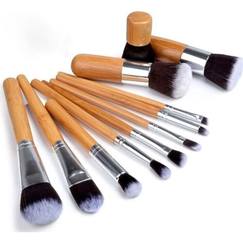 YXN 11Pcs Natural Bamboo Handle Makeup Brushes Set High Quality Foundation Blending Cosmetic Make Up Tool Set With Cotton Bag
