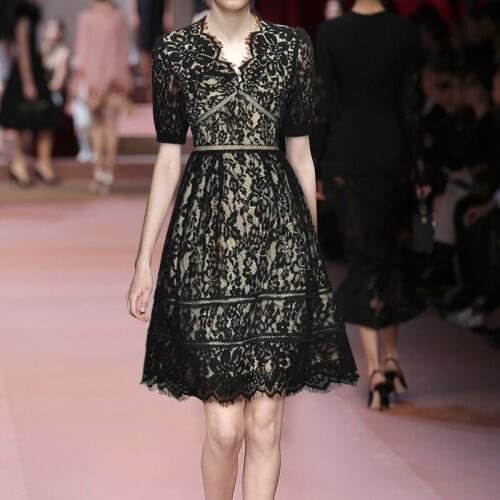 Luxury Lace Designer Women Dress Fashion V-Neck Short Sleeve A-Line Dresses D4529