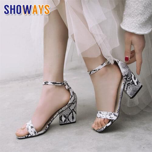 Luxury Faux Snakeskin Women Sandals High Strange Block Heels White Ankle Strap Casual Party Office Lady Summer Shoe Plus Size 44