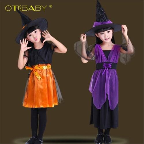 Christmas Girls Halloween Cosplay Witch Costume Props Decoration Dress with Hat Kids Party Clothes 2Pcs Children Clothing Set