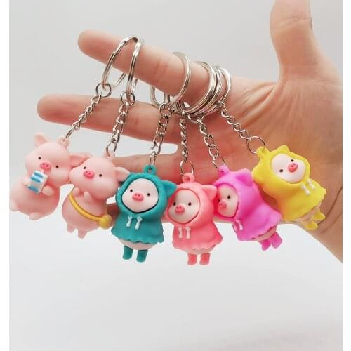 Cute Creative Cartoon PVC Soft Rubber Raincoat Pig Pendant Key Chains For Women And Men Couple Car Backpack Keychain Ornaments