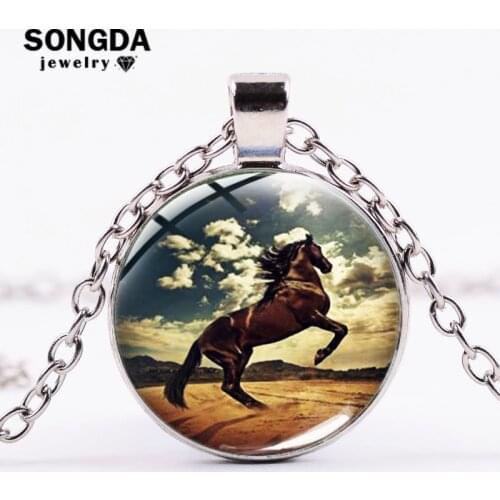 SONGDA Horse Art Photo Necklace Silver Color Glass Cabochon Pendant Neck Chains For Women Unique Animal Jewelry Gift Boyfriend