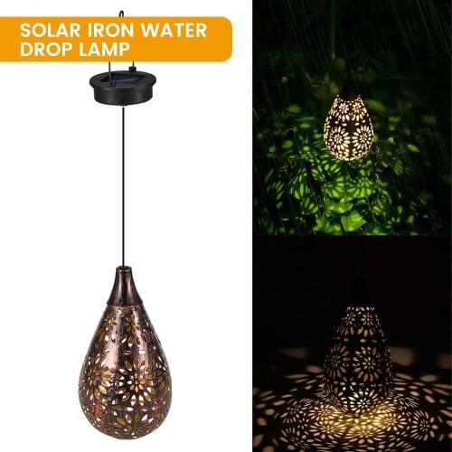 LED Hanging Solar Lantern Waterproof Retro Decor Chandelier Water Drop Iron Lamp Night Light Decor Patio Hollow Projection Lamp