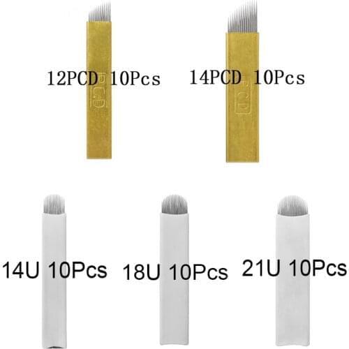Tattoo Needles Mixed Blade 12/14PCD 14/18/21U Shape Needle Sterilized Disposable Microblading Embroidery Eyebrow Lip Eyeliner