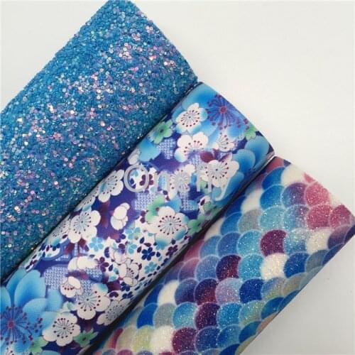 Onefly 21X29CM Blue Glitter Fabirc, Mermaid Glitter Fabric, Flowers Printed Faux Fabric Sheets For Bow DIY handbags shoes AQ057