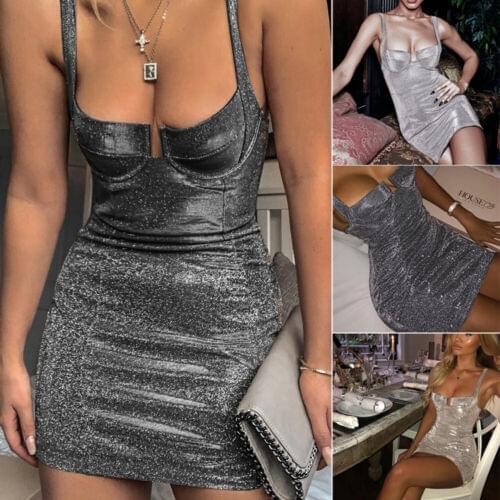 Women 2019 Push Up Sequin Sleeveless Bandage Bodycon Sexy Solid V Neck Evening Party Short Mini Pencil Dress