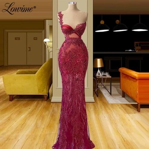 Lowime Burgundy Meramid Evening Dresses Gowns 2021 Beading Women Party Dress For Weddings Long Illusion Arabic Dubai Prom Dress