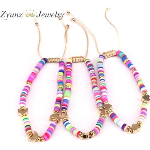 10PCS, Colorful polymer clay beads bracelets for women with star, heart, moon spacers, cotton, rainbow beads macrame bracelets