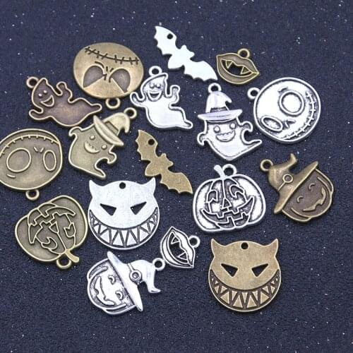 20PCS 8 Styles Mix Size Mix Two Color Charm Halloween Metal Zinc Alloy Pendant For Jewelry Necklace Handmade