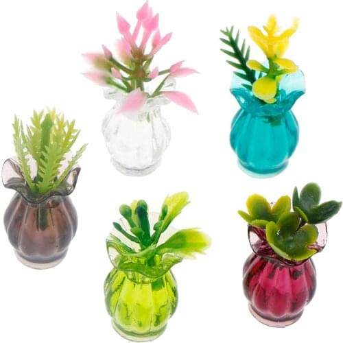5pcs Vase+flower Dollhouse Miniatures 1:12 Colorful Mini Ceramic Pot DIY Handmade Doll House Kitchen Ceramic Decor