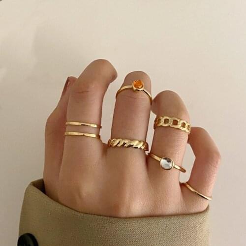 6 Pcs/Set Fashion Gold Geometric Crystal Rings Set Simple Chain Knuckle Rings for Women Party Jewelry Accessories