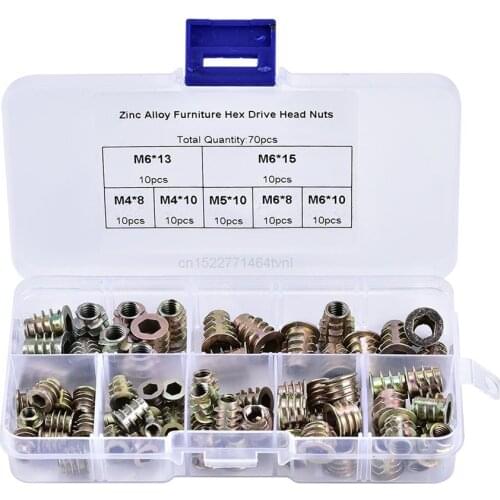70Pcs/set M4/M5/M6*8/10/13 Zinc Alloy Thread For Wood Insert Nut Flanged Hex Drive Head Furniture Nuts Assortment Kit