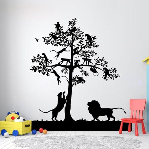 African Forest Tree Lion Leopard Monkeys Animals Wall Decals Vinyl Home Decor Interior Room Bedroom Nursery Stickers Mural A9270
