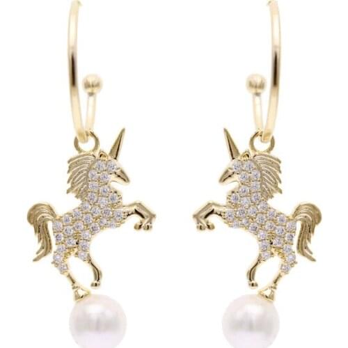 ANGYANG Korean Style Shion Unicorn Pony Earrings Unusual Earrings Two Ways to Wear Paired Things Fashion Jewelry bts kpop