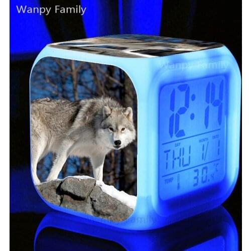 Forest Wolf Alarm Clock 7 Color Glowing Digital Alarm Clock For Kids Birthday Gift Multifunction Touch Sensing Electronic Clock