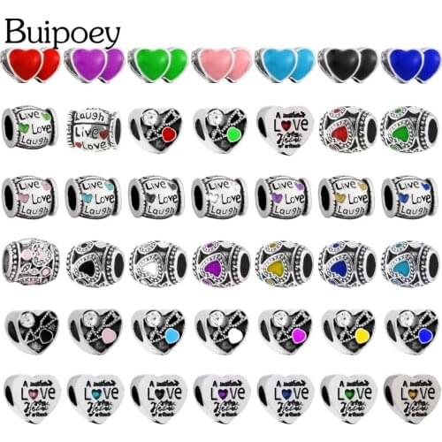 Buipoey 2pcs/lot Enamel Love Heart Beaded Live Love Laugh Beads Silver Color Charm Fit Diy Bracelets Necklace Jewelry Making