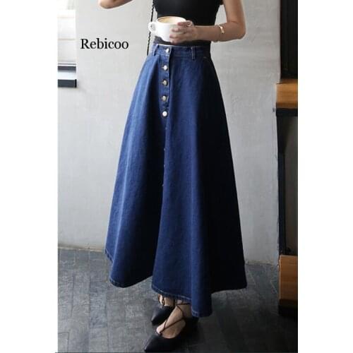 Denim Women Solid Color Long Skirts Fashion Korean Preppy Style High Waist Female Big Hem Casual Button Jean Skirts