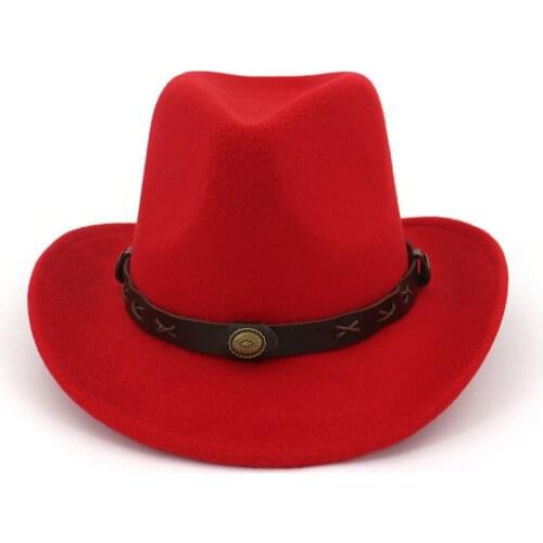 European US Wide Brim Woolen Felt Jazz Panama Hat Western Cowboy Cowgirl Hats with Leather Decorated Trilby Fedora for Men Women