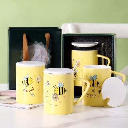 Ceramic Coffee Mug with Lid and Spoon Portable Fast Cooling Cup Lovely Cartoon Design Canecas Cafe Criativas Birthday Gift